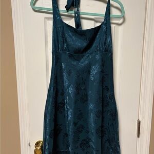 Teal Floral Satin A-Line Dress